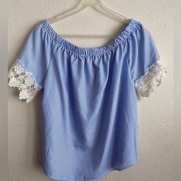 Kontrol Striped Blue & White Short Sleeve Lace Trim Off Shoulder Top L - Picture 3 of 8